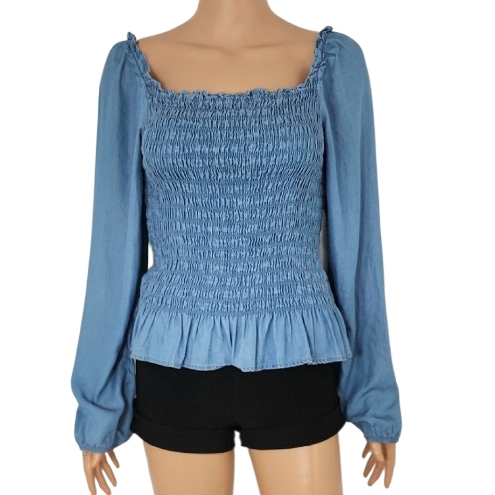 Blue Rain‎ Tops Francesca Smocked Waist Top long sleeve Blue Size L NWT